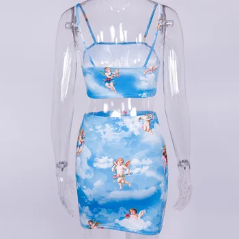 Módní Tištěné Sexy dvoudílný Set Crop Topy a Mini Sukně Ženy Módní 2020 Letní Roztomilé Odpovídající Sady Club Oblečení