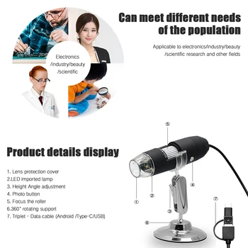 Nastavitelný 1000X Digitální Mikroskop Přenosný Typ-C/Micro USB Lupa Elektronické Stereo Endoskop pro Telefon, PC Šperky, Tester