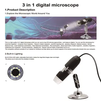 Nastavitelný 1000X Digitální Mikroskop Přenosný Typ-C/Micro USB Lupa Elektronické Stereo Endoskop pro Telefon, PC Šperky, Tester