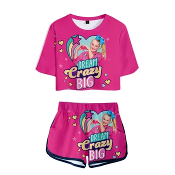 Neformální 3D JOJO SIWA Vystaveny Pupku T-Košile +Šortky Populární dívčí dvoudílné sady Nové Letní Dívky 3D JOJO SIWA Dvou-Kus oblečení