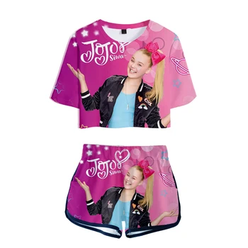 Neformální 3D JOJO SIWA Vystaveny Pupku T-Košile +Šortky Populární dívčí dvoudílné sady Nové Letní Dívky 3D JOJO SIWA Dvou-Kus oblečení
