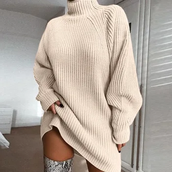 Nové podzimní / zimní 2020 přání populární střední délka rukáv raglánového půl vysoká krk svetr šaty-34