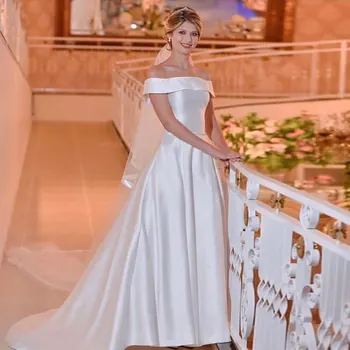 Nové příjezdu off rameno zamést vlak elegantní svatební šaty Vestido de Festa-line saténové dlouhé šaty styl krajky-up