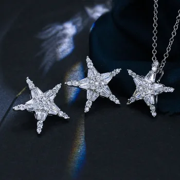 Pera Nejnovější Hot Prodej Stříbrná Barva AAA Čirý CZ Krystal, hvězdice Přívěskem Náhrdelník A Náušnice Šperky pro Ženy J244