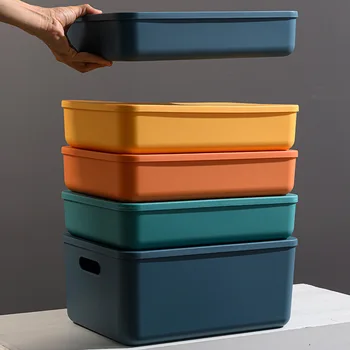 Plastový Úložný Box s Víkem Macaron Barva Domácnosti Uklizená Kuchyň Občerstvení Drobnosti Úložný Koš, Skříň, psací Stůl Home Supplies