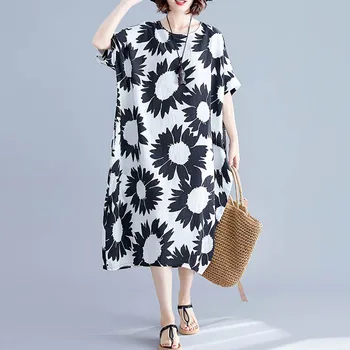 Plus Velikosti Šaty Pro Ženy 4XL 5XL 6XL, Vintage Umění Sun Flower Dlouhé Šaty Volné, Ležérní Batwing Bavlněné Povlečení letní Letní Šaty 2019
