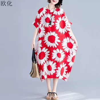 Plus Velikosti Šaty Pro Ženy 4XL 5XL 6XL, Vintage Umění Sun Flower Dlouhé Šaty Volné, Ležérní Batwing Bavlněné Povlečení letní Letní Šaty 2019