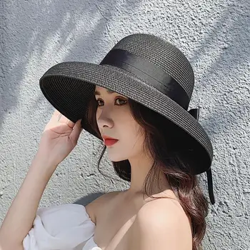 Retro Hepburn black slámy sluneční klobouk pro ženy sluneční ochrana dovolenou pláž pláž hat žena v létě velké okapy Visor čepice