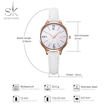 Shengke Módní dámské Hodinky Bílé Kůže Dívka Náramkové hodinky Jednoduché Dámské Quartz Hodiny Pohodlné Spona Kulatá Případ Hodinu