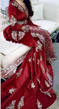 Smileven Červená Mořská panna Marocké kaftan Šaty Večerní Velvet Dlouhý Rukáv Nášivka Večerní Šaty Formální Party Šaty