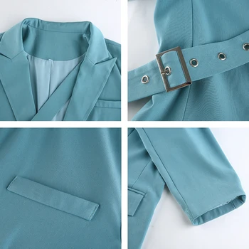 Streetwear Oversize Dámské Modré Sako Ženy Oblek Nastavitelné Pásky Žena Bunda Kabát 2020 Podzim Vroubkované Tlačítko Topy Oblečení
