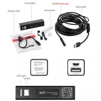 TISHRIC 8mm WI-fi Endoskop Fotoaparát, Měkké Kabel 2m Vodotěsné Endoskop Pro Auta LED Boroskop Fotoaparát Endoskop Pro Smartphone PC