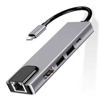 USB Typ C Hub Adapter Dock s 4K HDMI-kompatibilní PD RJ45 Ethernet Lan Poplatek za MacBook USB Typu C Hub Hliníkový Adaptér