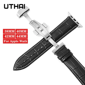 UTHAI Pravé Kůže Popruh Pro Apple Watch band watchband Pro iWatch 3/2/1 38mm 42mm Pro iWatch 4/5 40mm 44mm Hodinky Příslušenství