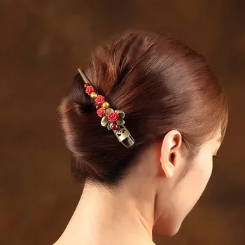 Vintage Rumělka Květ Vlasy úchyty na Hlavu Šperky Jemné Barevné glazury Velké Barrettes Čínské Etnické Vlasy Kolíky Ozdoby Hlavy