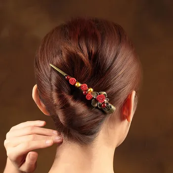 Vintage Rumělka Květ Vlasy úchyty na Hlavu Šperky Jemné Barevné glazury Velké Barrettes Čínské Etnické Vlasy Kolíky Ozdoby Hlavy