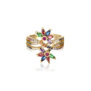 Vysoce kvalitní Dámské gold cz květiny prsten nastavitelný duhový kruh zirkonů barevné crystal copper ring šperky dárek pro ženy