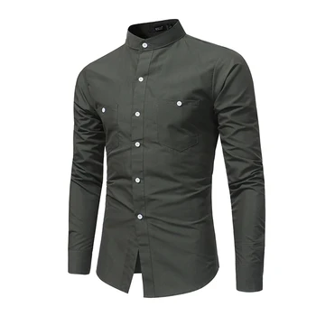 Vysoce kvalitní jednobarevné pánské tričko dlouhý rukáv stojan límec košile kapsy dekorace obchodní muži oblečení