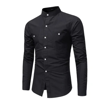 Vysoce kvalitní jednobarevné pánské tričko dlouhý rukáv stojan límec košile kapsy dekorace obchodní muži oblečení