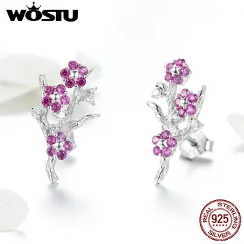 WOSTU korejský Módní Real 925 Sterling Silver Plum Blossom Flower Stud Náušnice Pro Ženy, Svatební Luxusní Stříbrné Šperky FNE040
