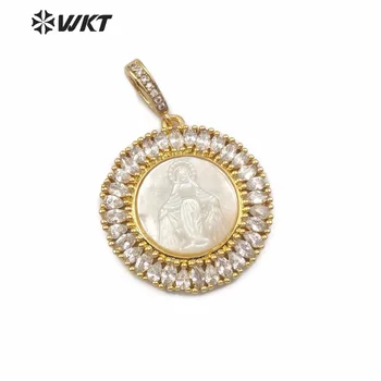 WT-MP115 Bílá Shell Přívěsek s Náboženskými Ježíše, Panny Marie, Portrét, Vzor, Kulatý Tvar CZ Micro Pave Zlatý Přívěsek Šperky