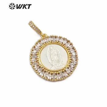 WT-MP115 Bílá Shell Přívěsek s Náboženskými Ježíše, Panny Marie, Portrét, Vzor, Kulatý Tvar CZ Micro Pave Zlatý Přívěsek Šperky