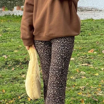 Y2K Kalhoty E Dívka Kalhoty Ženy Zvířat Leopard Skinny Flare Pant Dvě vrstvy Síťoviny Estetické Ženské Tepláky Jaro Paní Dna