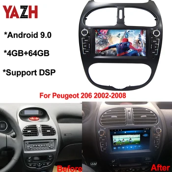 YAZH Android 9.0 GPS Navigace Pro Peugeot 206 2002 2003 2004 2005 2006 2007 2008 Auto DVD Přehrávač S 4GB+64GB DSP Auto Rádio