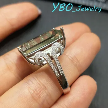YBO, Obdélník, kruh velký přírodní zelené quartz 15*20mm 23ct v 925 sivler s 18k bílého zlata pokoveného jednoduchý elegantní prsten