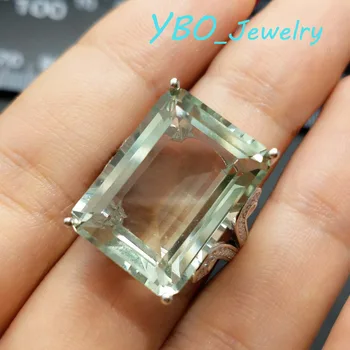 YBO, Obdélník, kruh velký přírodní zelené quartz 15*20mm 23ct v 925 sivler s 18k bílého zlata pokoveného jednoduchý elegantní prsten