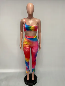 Zoctuo Tie Dye Tisk Sexy Dvoudílný Set 2020 Letní Módní Ležérní Club Set Dámské Dvoudílné Rameno Ženy Kalhoty Set Sexy