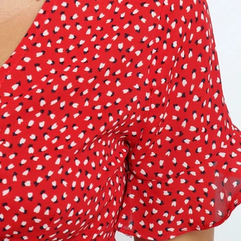 Červené Sexy V Krku Květinové Tisk Self Tie Zábal Šaty Mini Šaty Ženy Boho Prohrábnout Lem Erupce Rukáv Letní Mini Šaty Vestidos