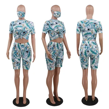 Ženy, 2 Ks Sady 2020 Krátké Sady pro Ženy Dolar Tisk Camiseta Mujer Verano Dámské Oblečení Sady Letní Sexy dvoudílné Oblečení